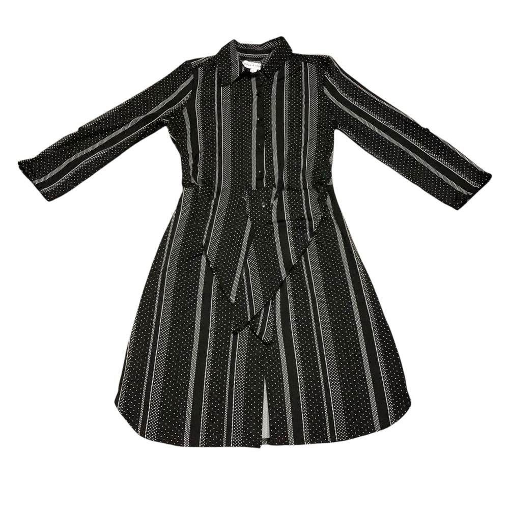 EMMA & MICHELE BLACK & WHITE STRIPED POLKA DOT BUTTON-DOWN SHIRT DRESS/ TIE BELT - Picture 10 of 14